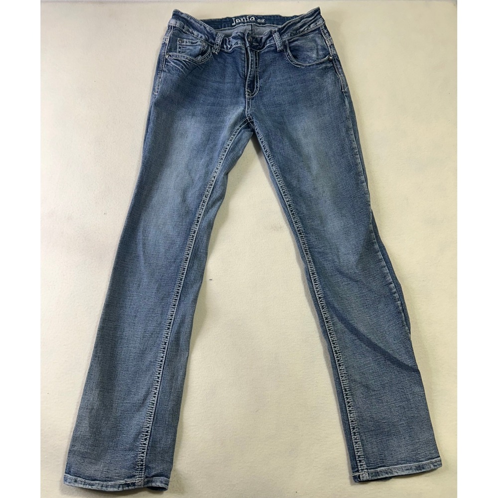 Jania EZ Womens Blue Straight Leg Jeans Medium Wash Contrast Stitch Denim Pants